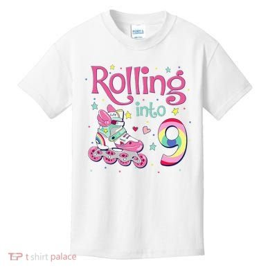 9th Bday Rolling Into 9 Birthday Roller Skate Party Kids T-Shirt