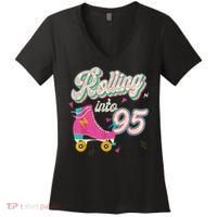95th Birthday Roller Skates Rolling Into 95 Years Old Bday Women's V-Neck T-Shirt thumb 0