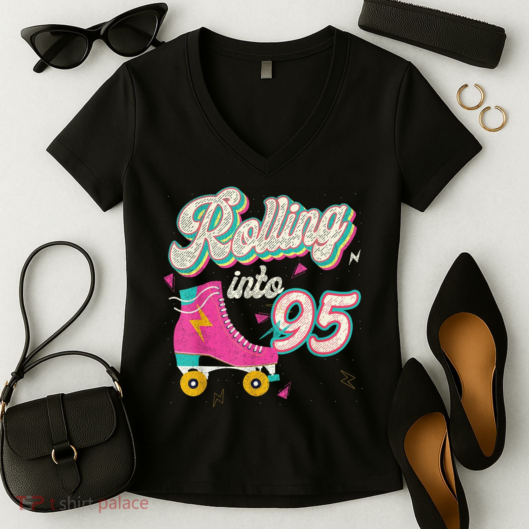 95th Birthday Roller Skates Rolling Into 95 Years Old Bday Women's V-Neck T-Shirt