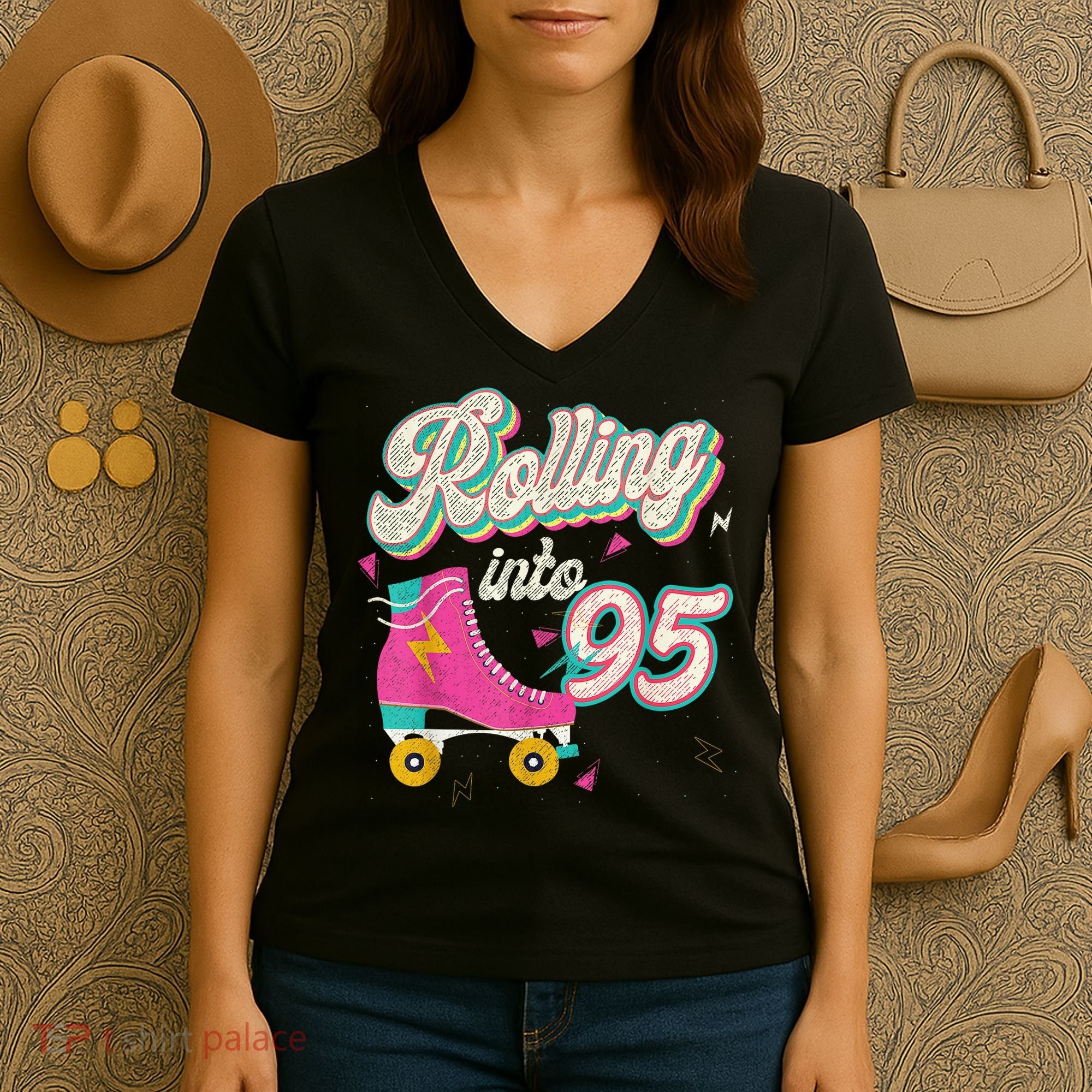 95th Birthday Roller Skates Rolling Into 95 Years Old Bday Women's V-Neck T-Shirt