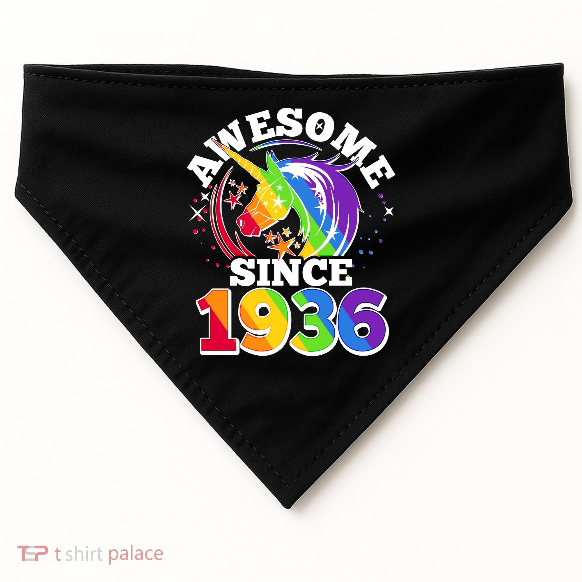 90th Birthday Rainbow Unicorn Awesome Since 1936 USA-Made Doggie Bandana