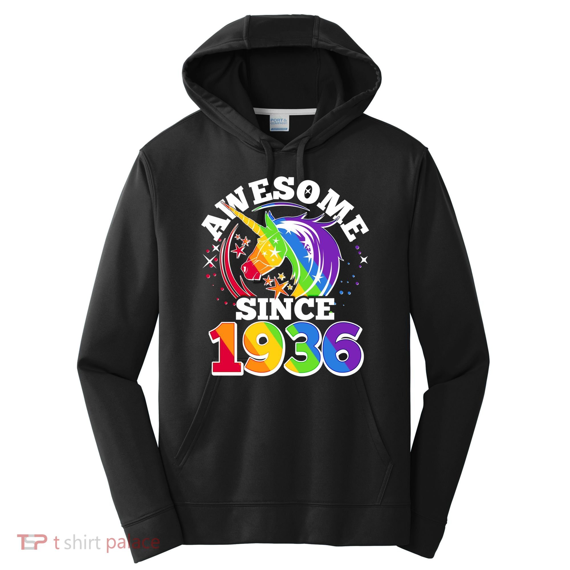 90th Birthday Rainbow Unicorn Awesome Since 1936 Performance Fleece Hoodie