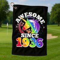 90th Birthday Rainbow Unicorn Awesome Since 1936 Golf Towel thumb 1