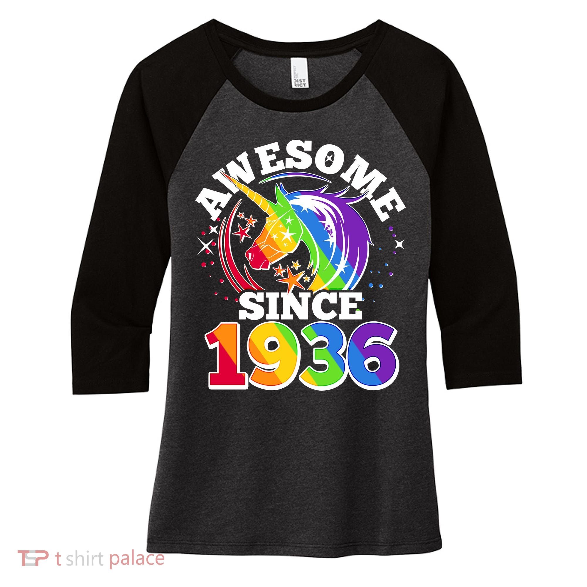 90th Birthday Rainbow Unicorn Awesome Since 1936 Women's Tri-Blend 3/4-Sleeve Raglan Shirt