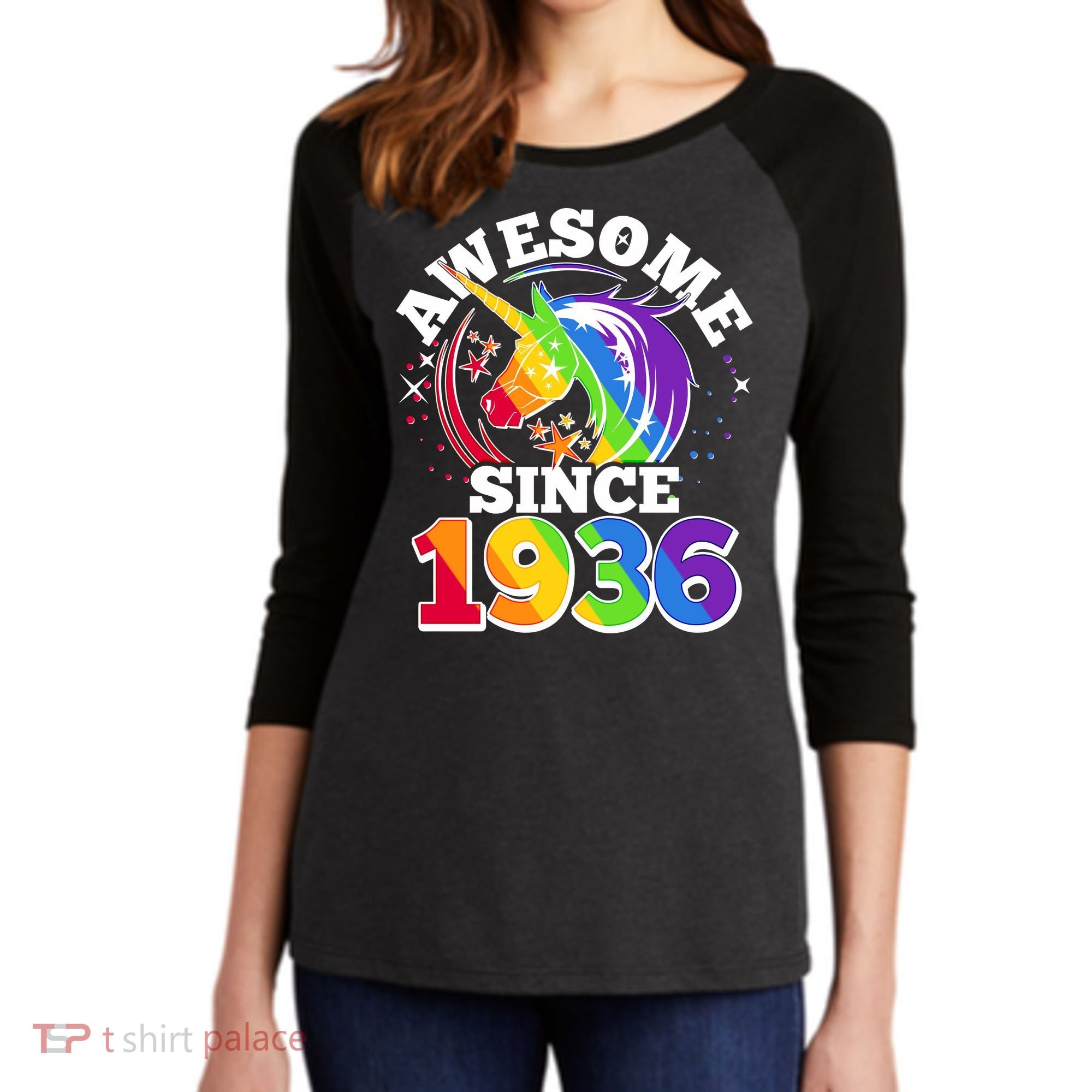 90th Birthday Rainbow Unicorn Awesome Since 1936 Women's Tri-Blend 3/4-Sleeve Raglan Shirt