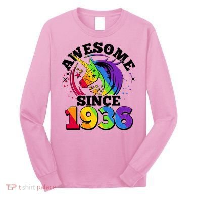 90th Birthday Rainbow Unicorn Awesome Since 1936 Long Sleeve Shirt