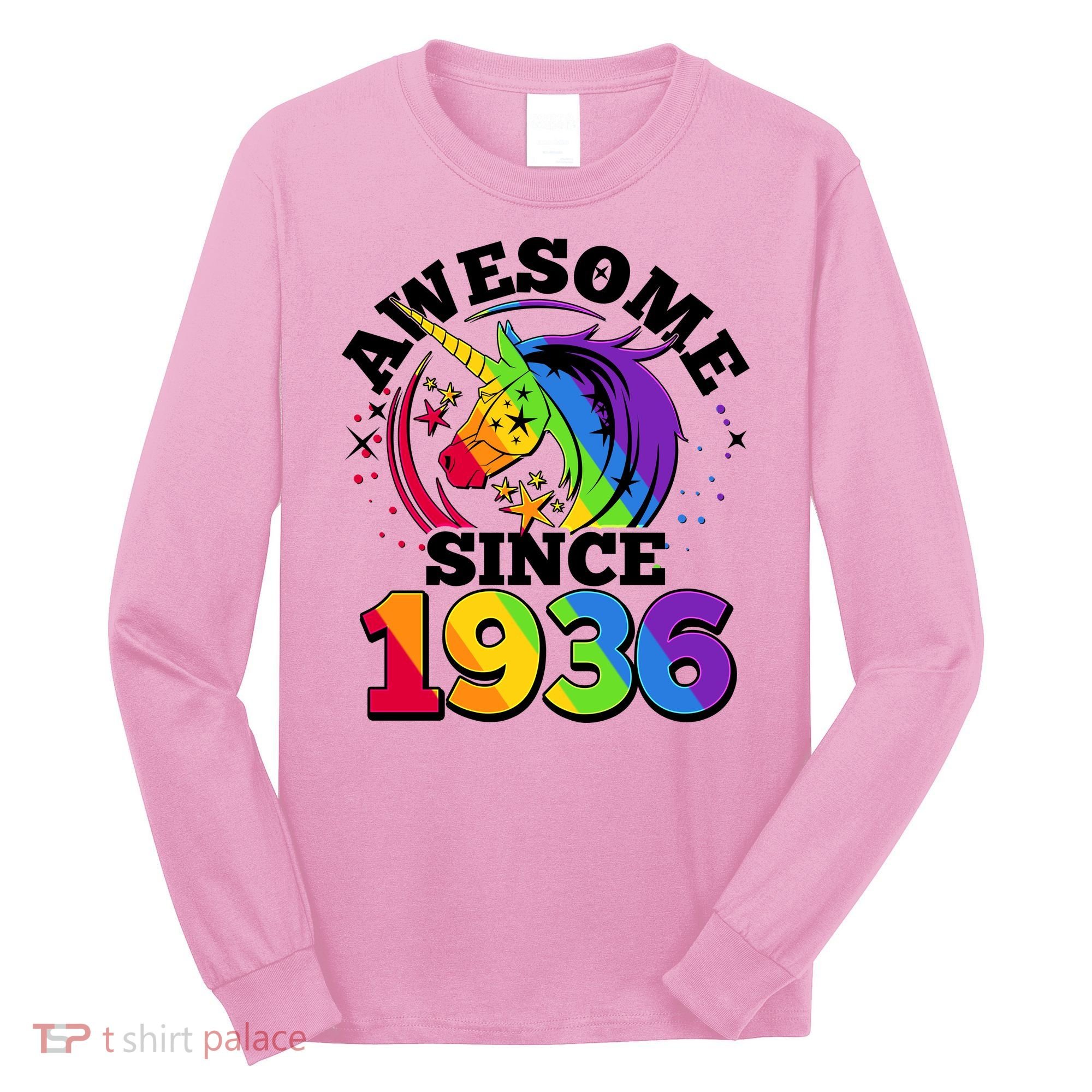 90th Birthday Rainbow Unicorn Awesome Since 1936 Long Sleeve Shirt