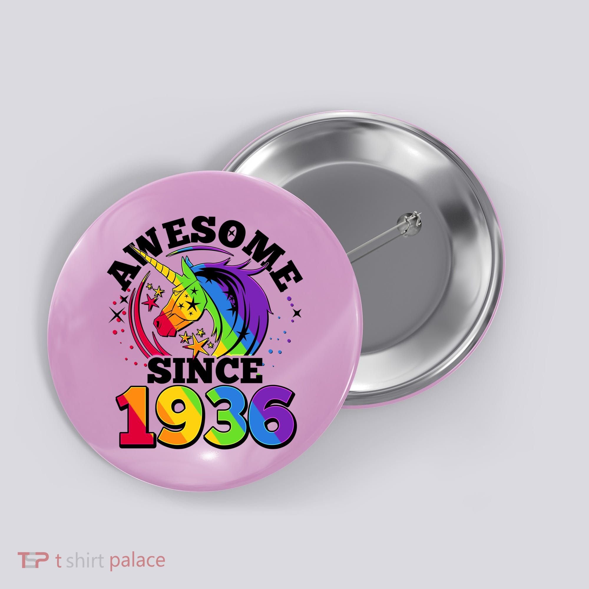 90th Birthday Rainbow Unicorn Awesome Since 1936 Button