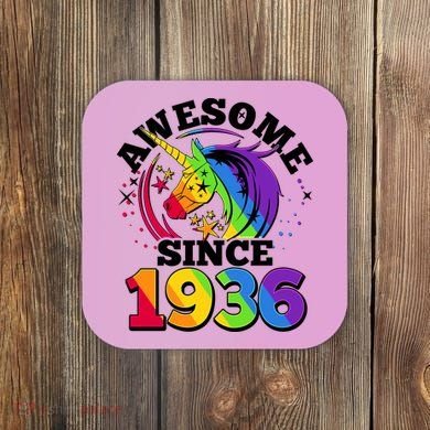90th Birthday Rainbow Unicorn Awesome Since 1936 Coaster
