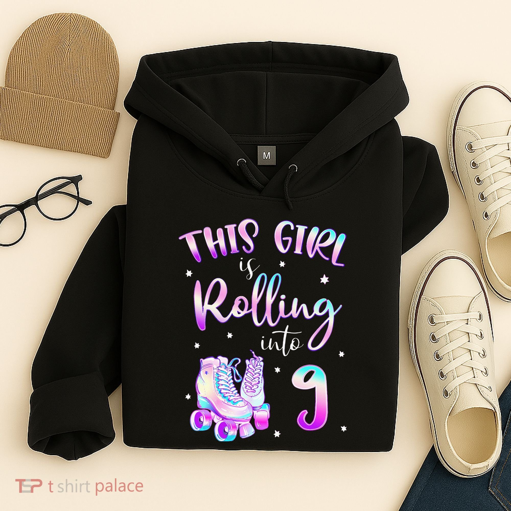 9th Bday Rolling Into 9 Birthday Girl Roller Skate Party Hoodie