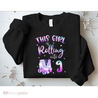 9th Bday Rolling Into 9 Birthday Girl Roller Skate Party Sweatshirt thumb 2