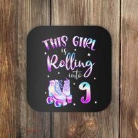 9th Bday Rolling Into 9 Birthday Girl Roller Skate Party Coaster thumb 0