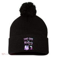 9th Bday Rolling Into 9 Birthday Girl Roller Skate Party Pom Pom 12in Knit Beanie thumb 0