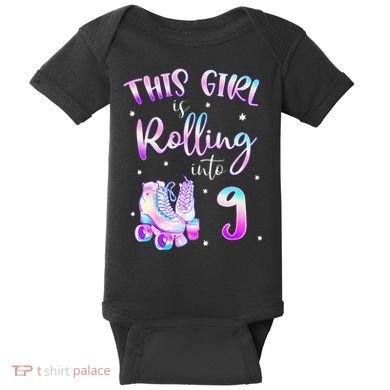 9th Bday Rolling Into 9 Birthday Girl Roller Skate Party Baby Bodysuit