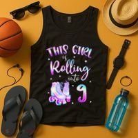 9th Bday Rolling Into 9 Birthday Girl Roller Skate Party Tank Top thumb 4