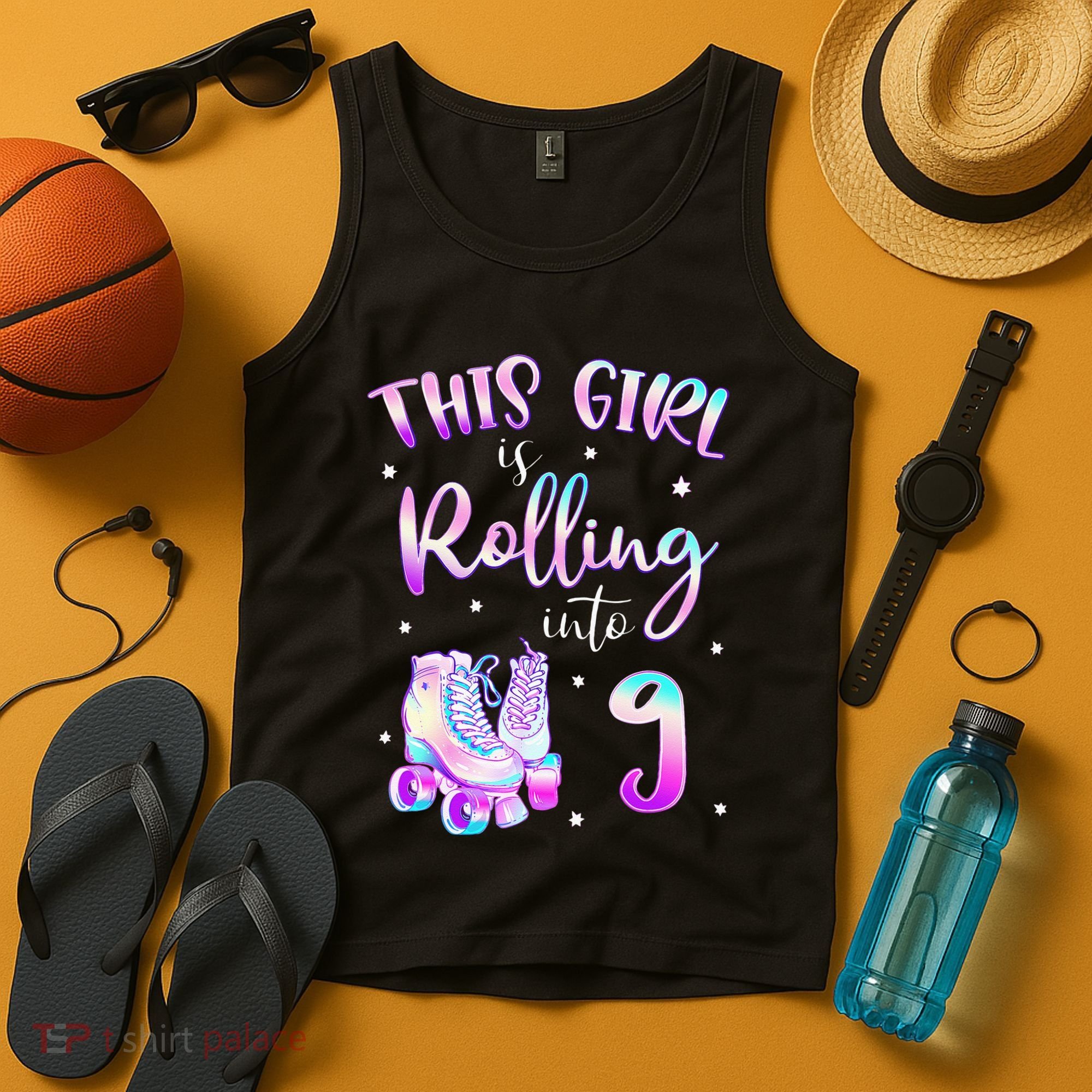 9th Bday Rolling Into 9 Birthday Girl Roller Skate Party Tank Top