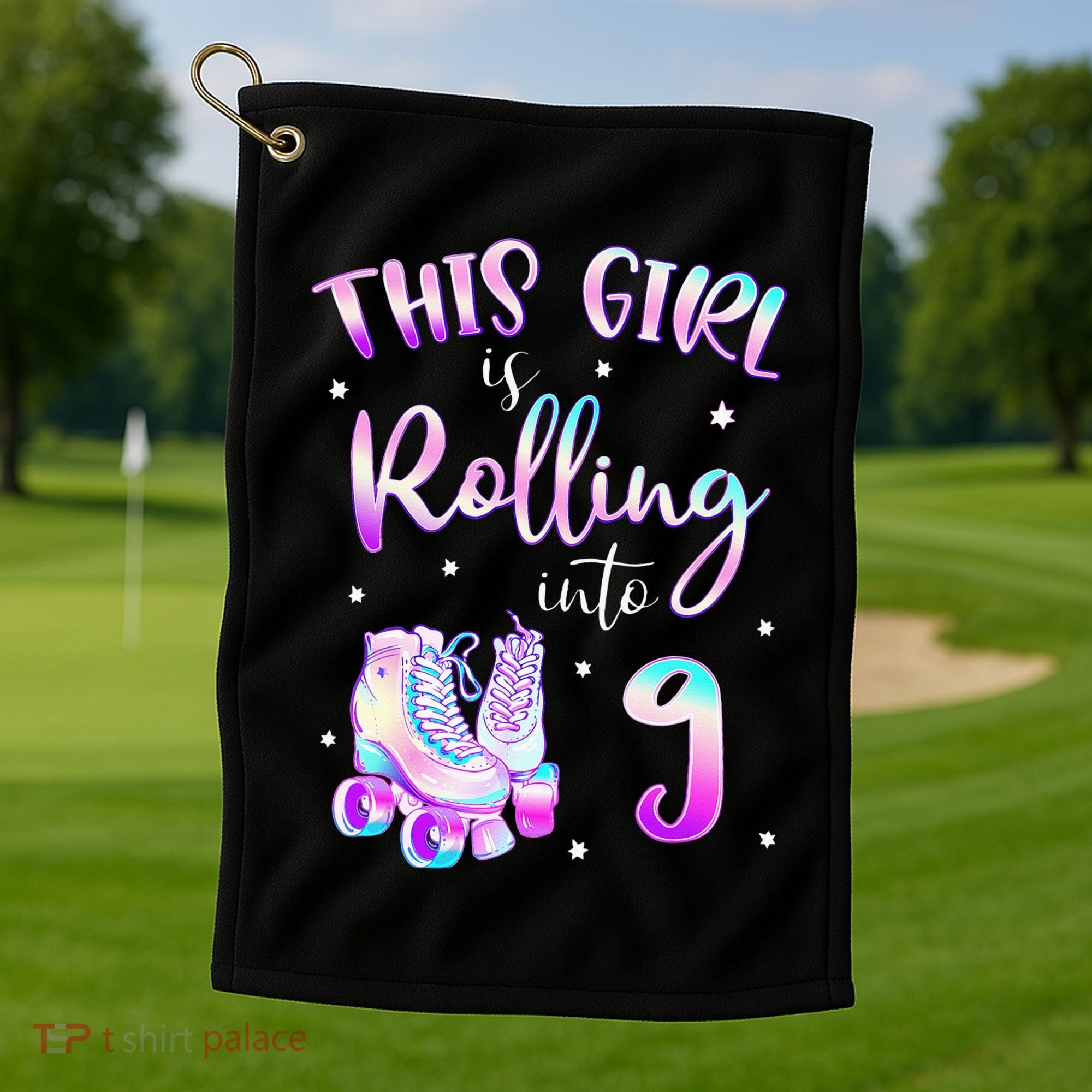 9th Bday Rolling Into 9 Birthday Girl Roller Skate Party Golf Towel
