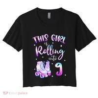 9th Bday Rolling Into 9 Birthday Girl Roller Skate Party Women's Crop Top Tee thumb 0