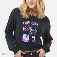 9th Bday Rolling Into 9 Birthday Girl Roller Skate Party Cropped Pullover Crew thumb 2