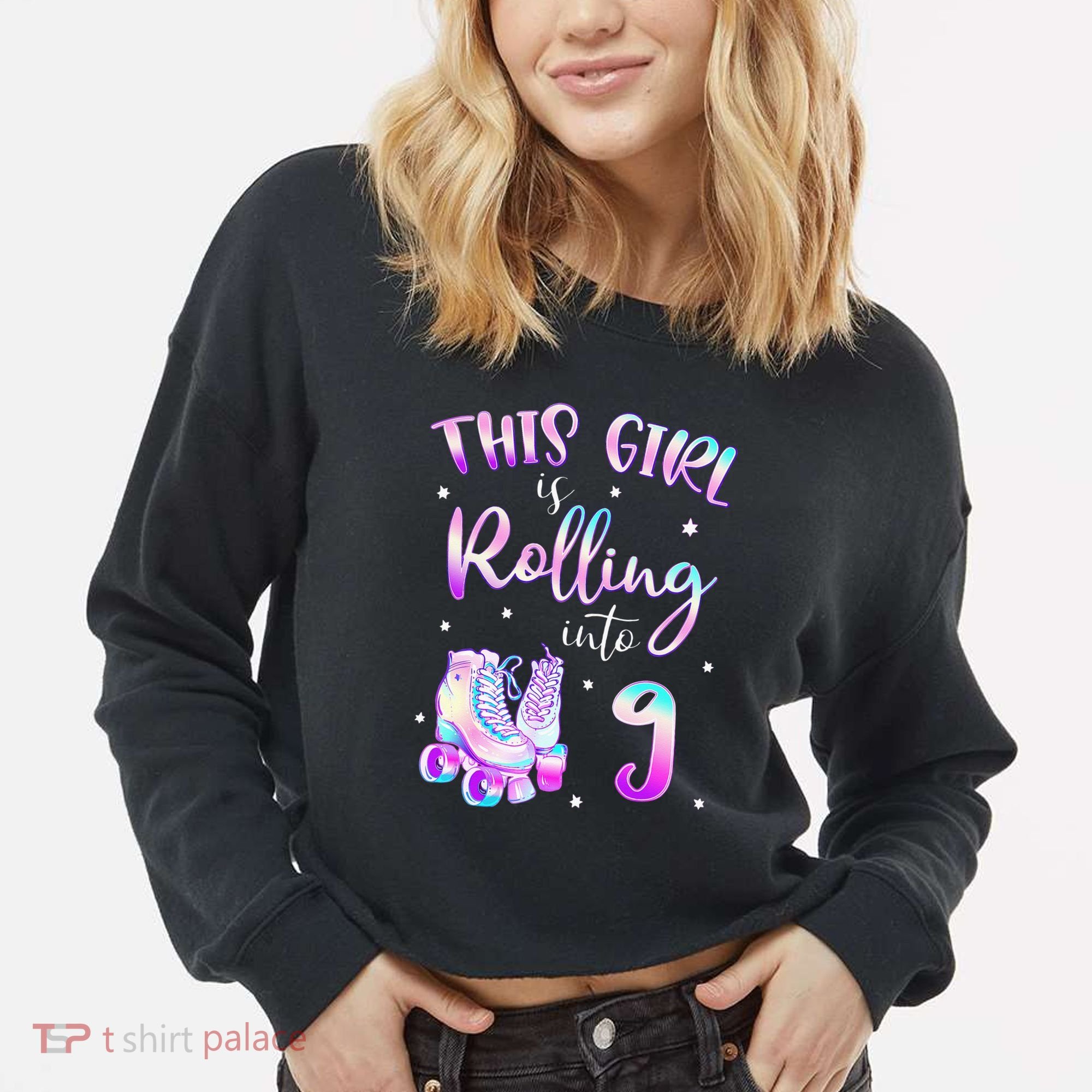 9th Bday Rolling Into 9 Birthday Girl Roller Skate Party Cropped Pullover Crew