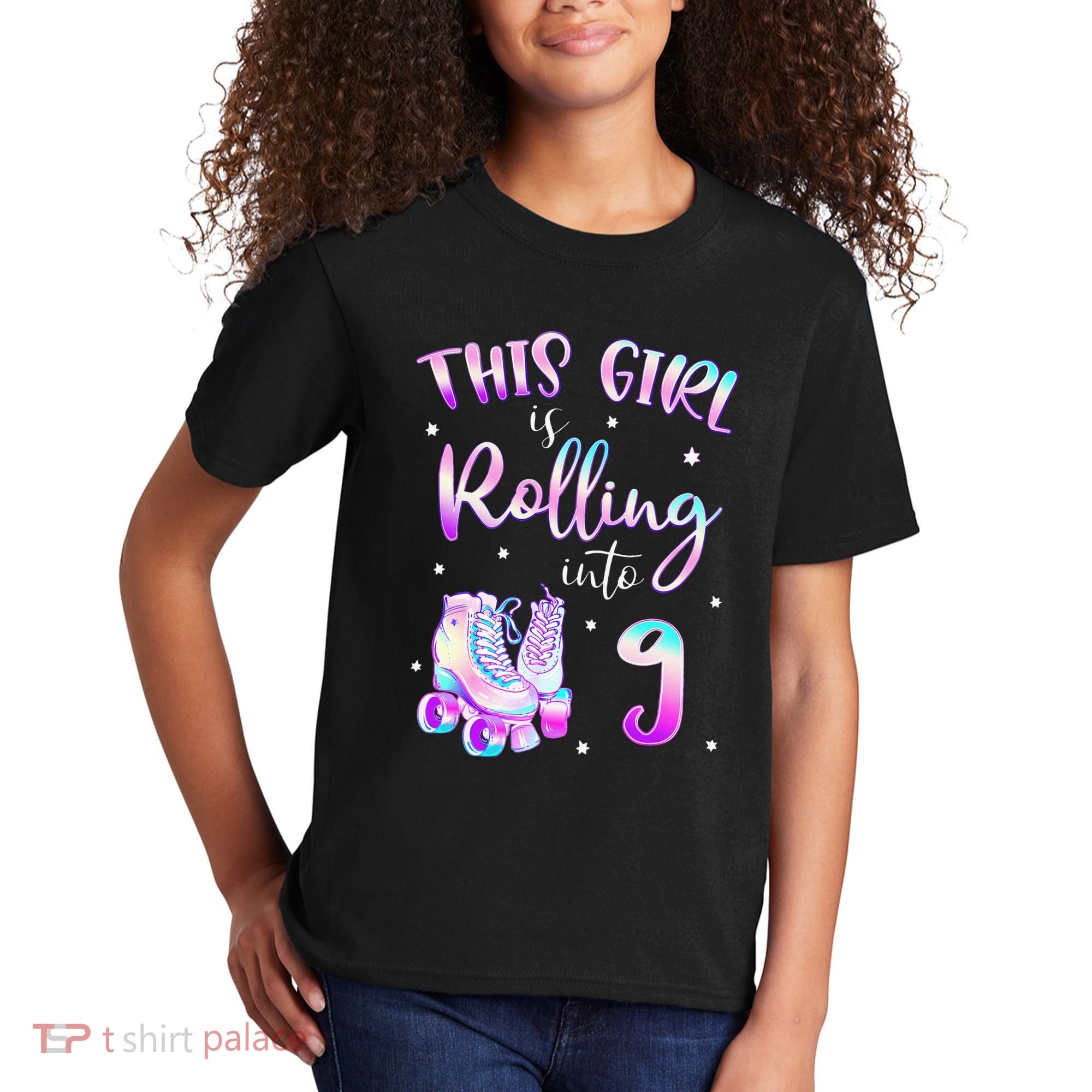 9th Bday Rolling Into 9 Birthday Girl Roller Skate Party Kids T-Shirt