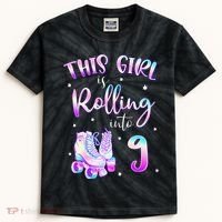 9th Bday Rolling Into 9 Birthday Girl Roller Skate Party Kids Tie-Dye T-Shirt thumb 0