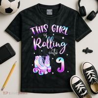 9th Bday Rolling Into 9 Birthday Girl Roller Skate Party Kids Tie-Dye T-Shirt thumb 2