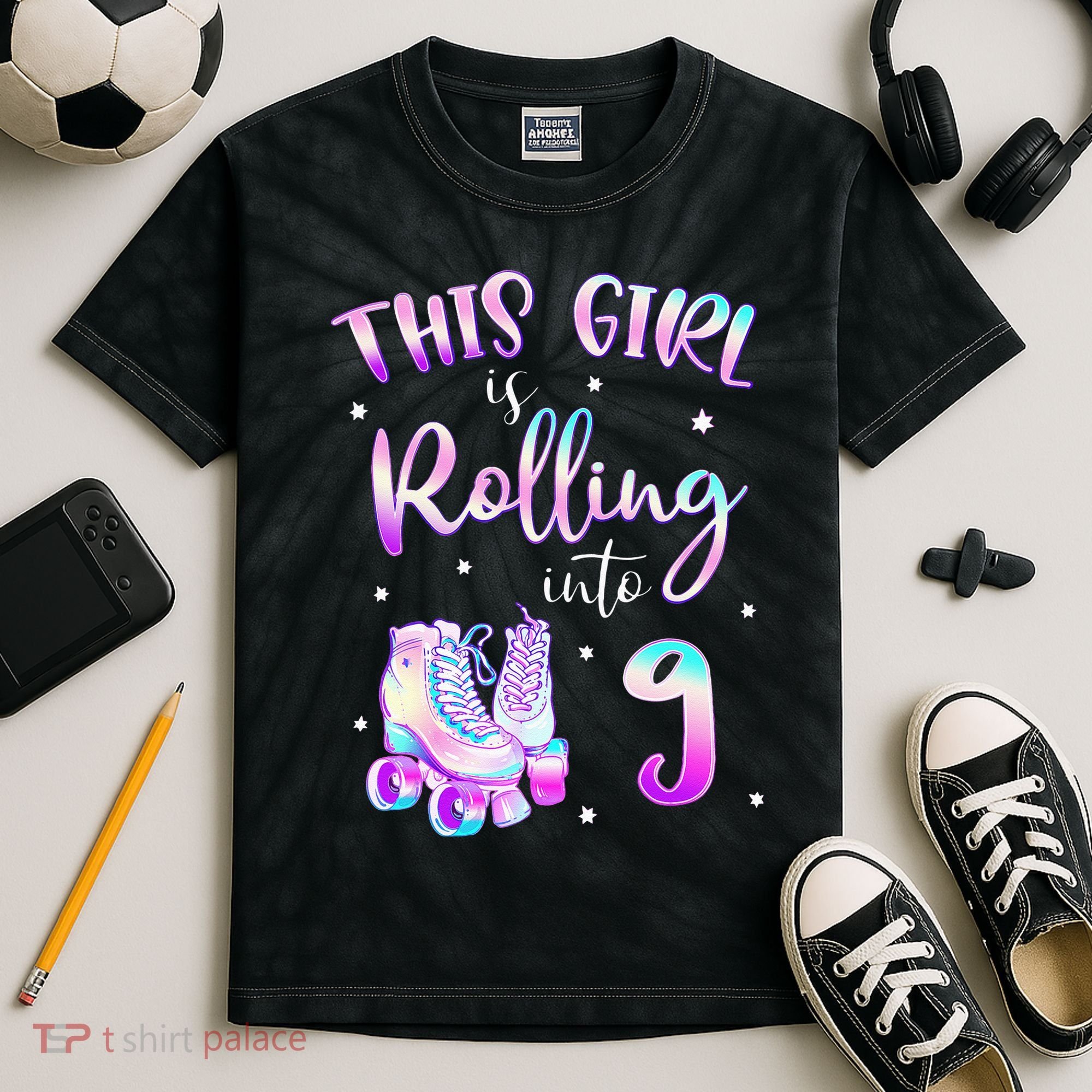 9th Bday Rolling Into 9 Birthday Girl Roller Skate Party Kids Tie-Dye T-Shirt
