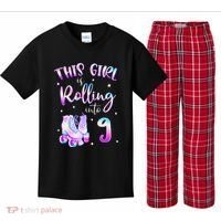 9th Bday Rolling Into 9 Birthday Girl Roller Skate Party Kids Plaid Pajama Set thumb 0