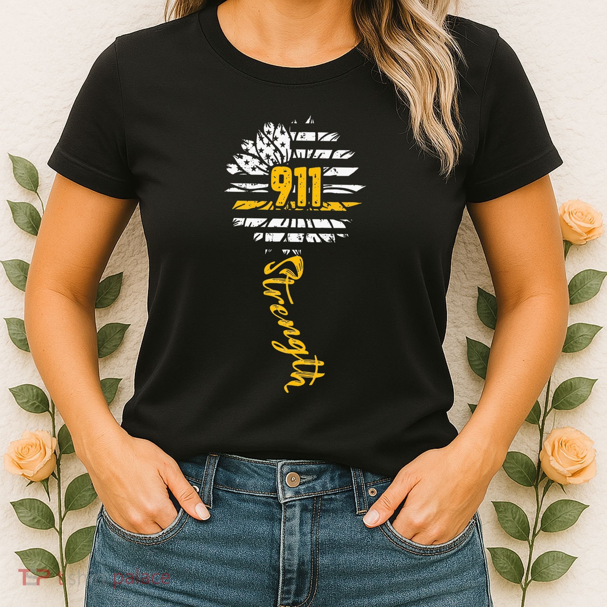 911 Dispatcher American Flag Sunflower Dispatch Operators Women's T-Shirt
