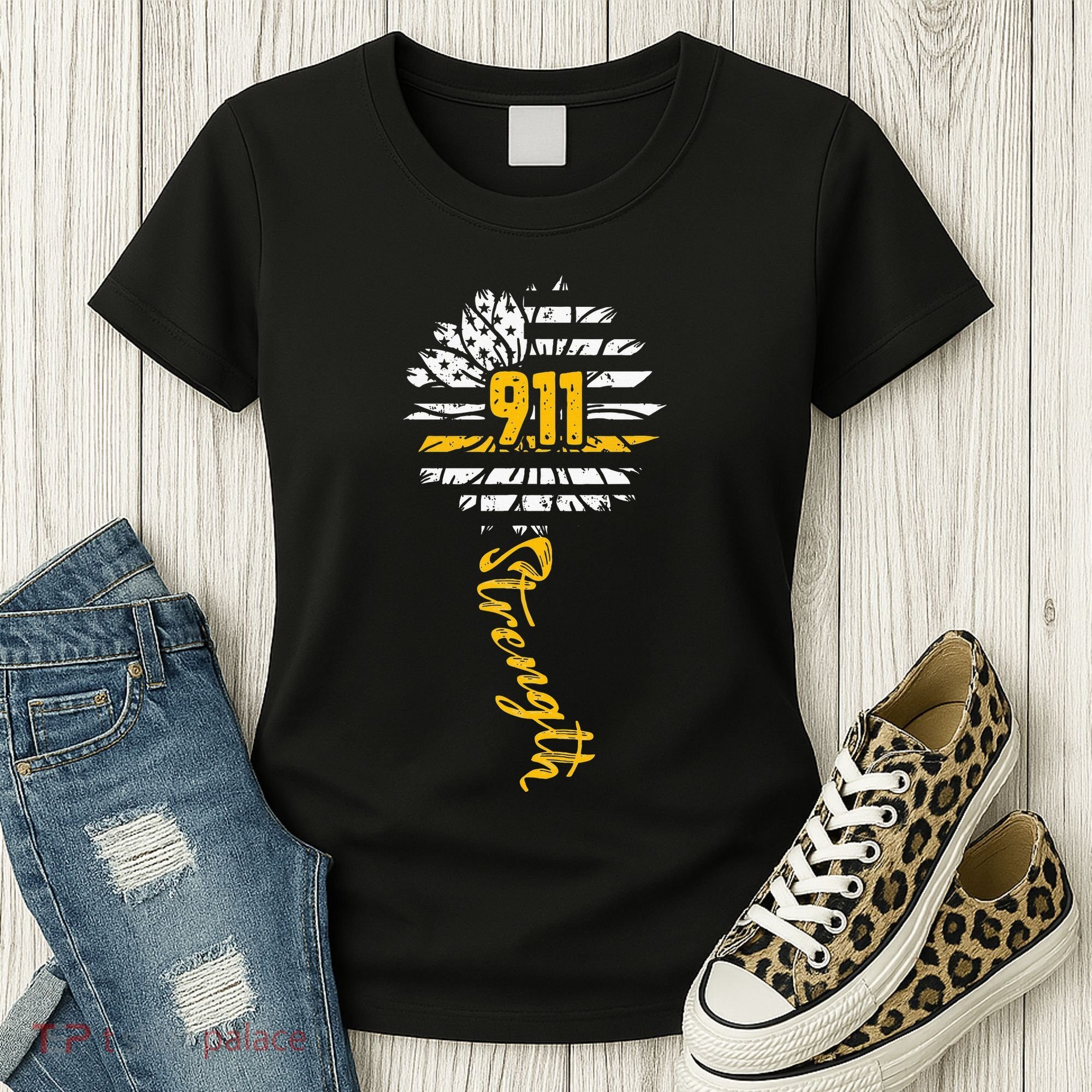 911 Dispatcher American Flag Sunflower Dispatch Operators Women's T-Shirt