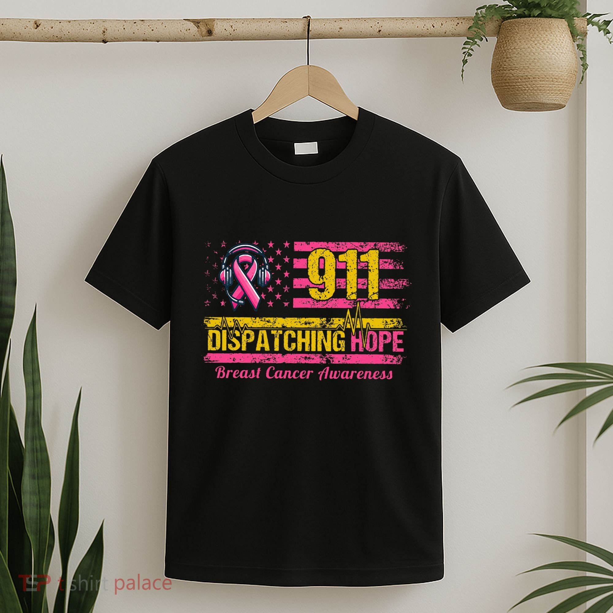 911 Dispatcher Breast Cancer Awareness American Flag T-Shirt