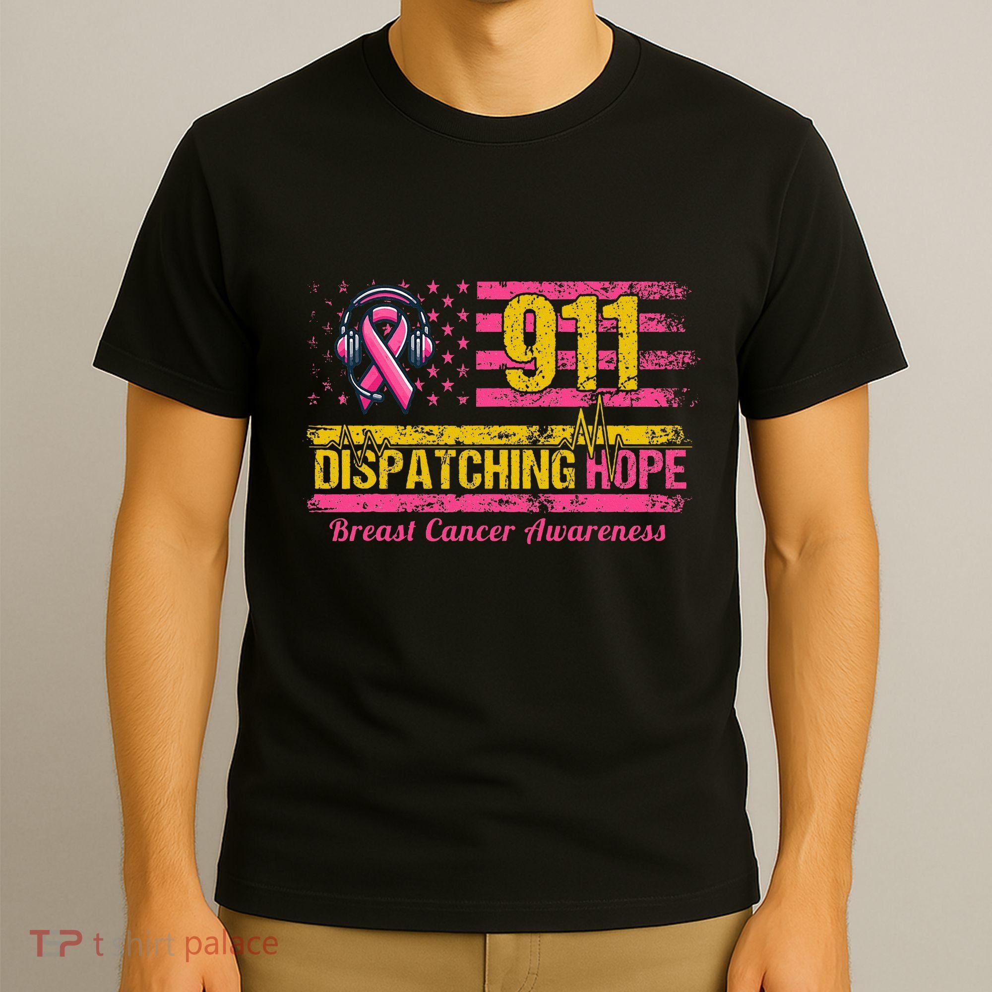 911 Dispatcher Breast Cancer Awareness American Flag T-Shirt