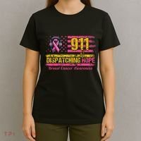 911 Dispatcher Breast Cancer Awareness American Flag T-Shirt thumb 4