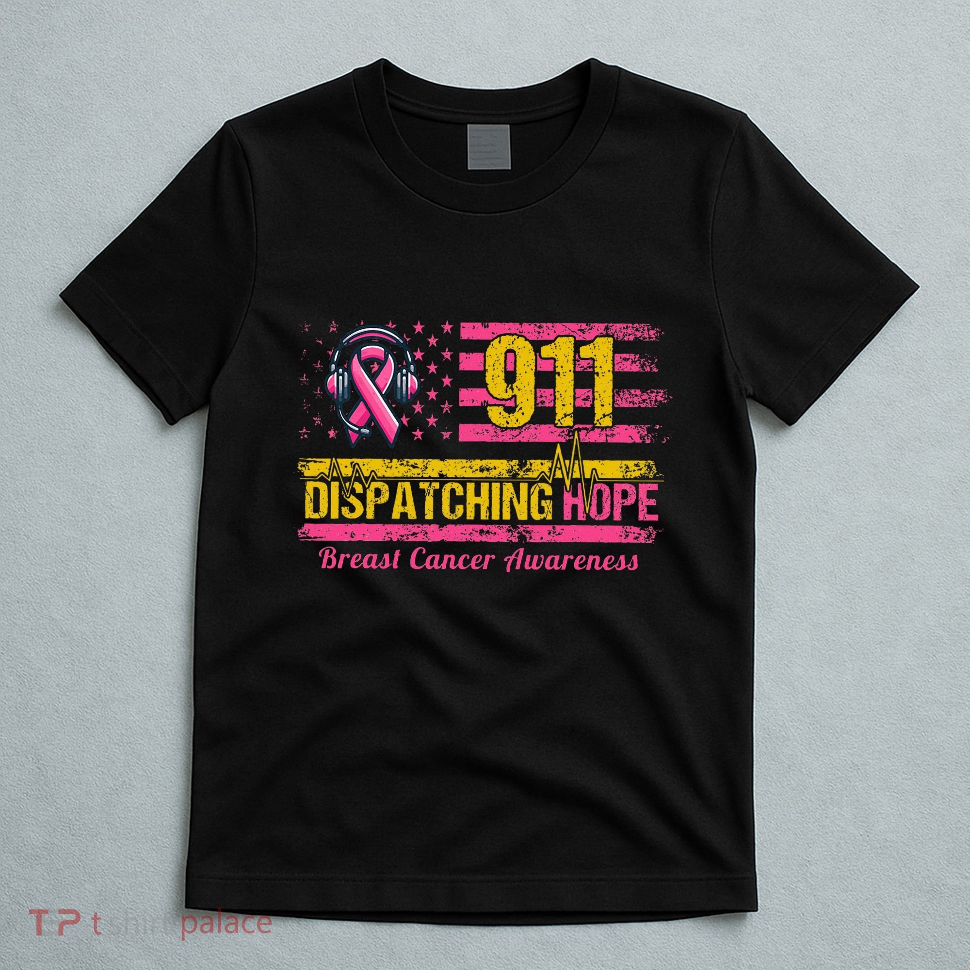 911 Dispatcher Breast Cancer Awareness American Flag T-Shirt