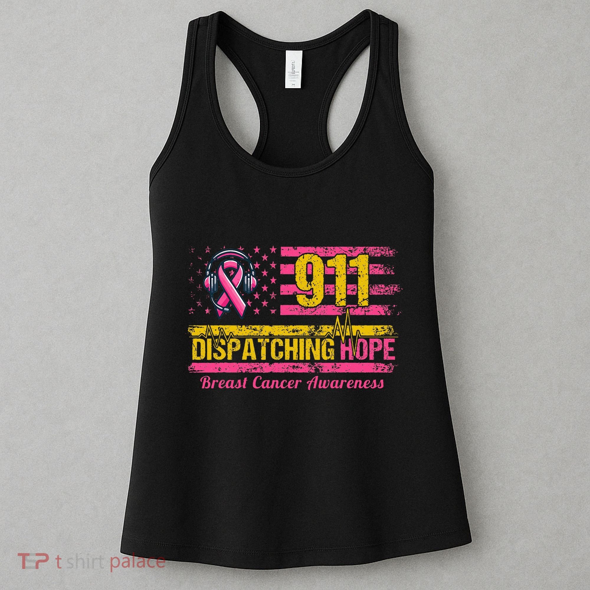 911 Dispatcher Breast Cancer Awareness American Flag Women's Tank Top