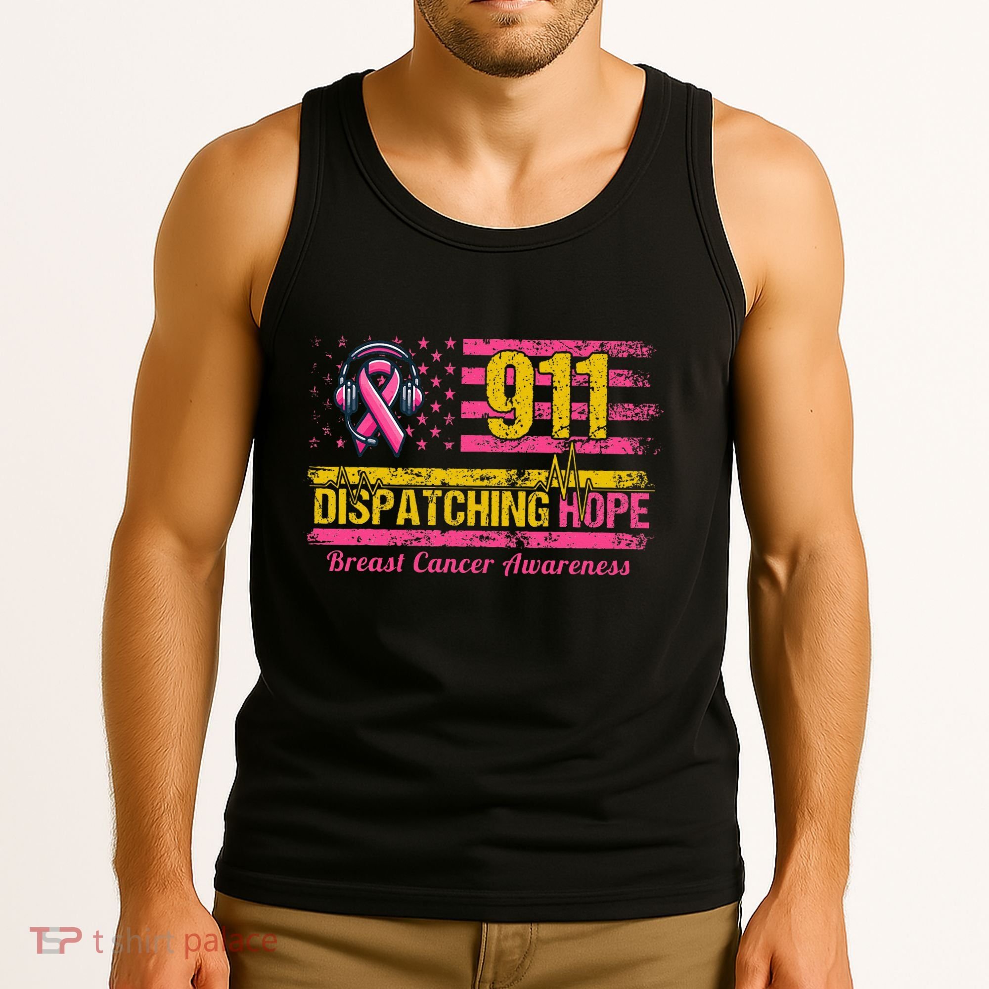 911 Dispatcher Breast Cancer Awareness American Flag Tank Top