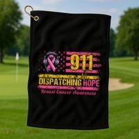 911 Dispatcher Breast Cancer Awareness American Flag Golf Towel thumb 1