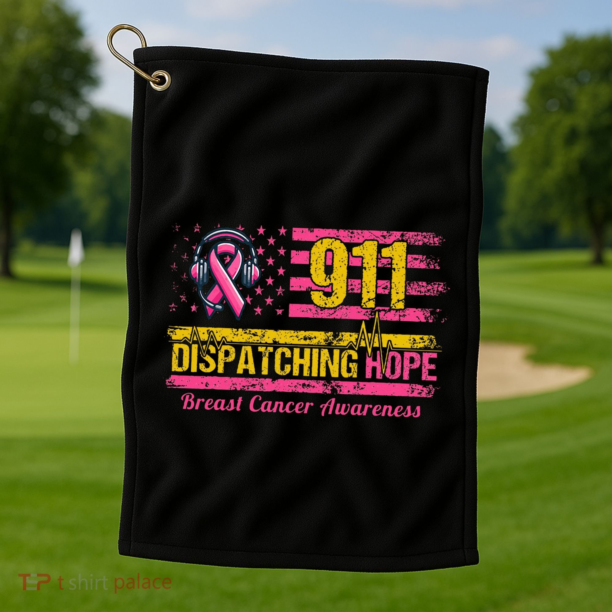 911 Dispatcher Breast Cancer Awareness American Flag Golf Towel