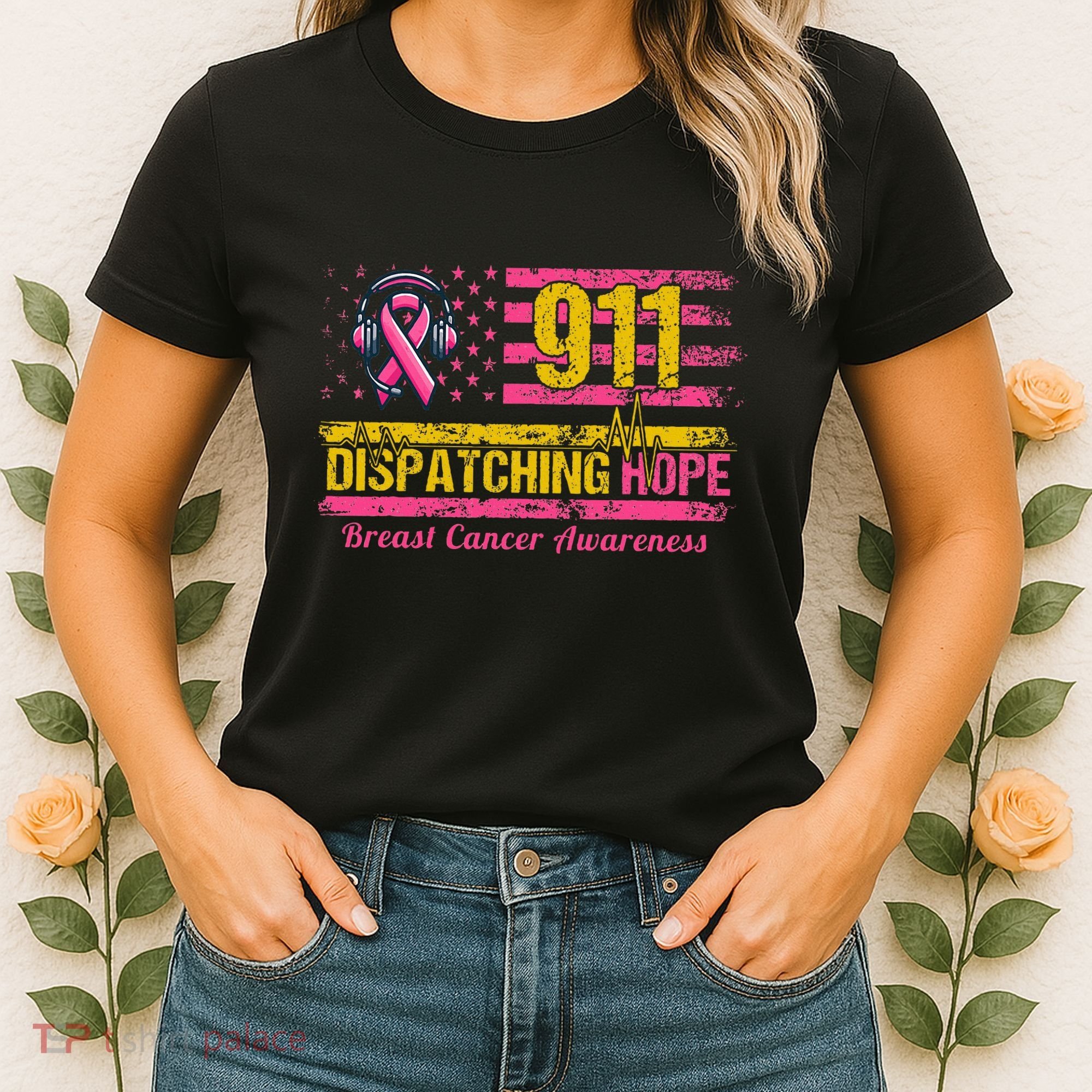 911 Dispatcher Breast Cancer Awareness American Flag Women's T-Shirt
