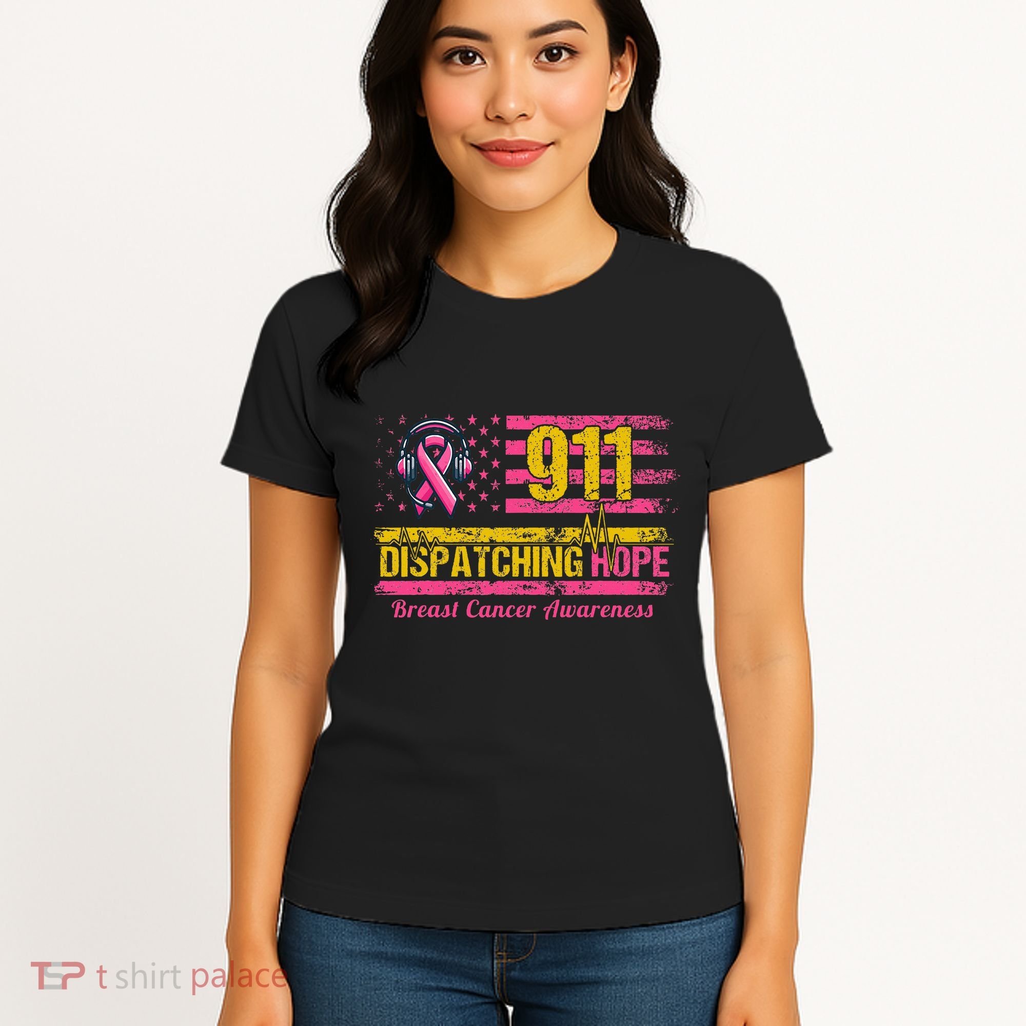 911 Dispatcher Breast Cancer Awareness American Flag Women's T-Shirt