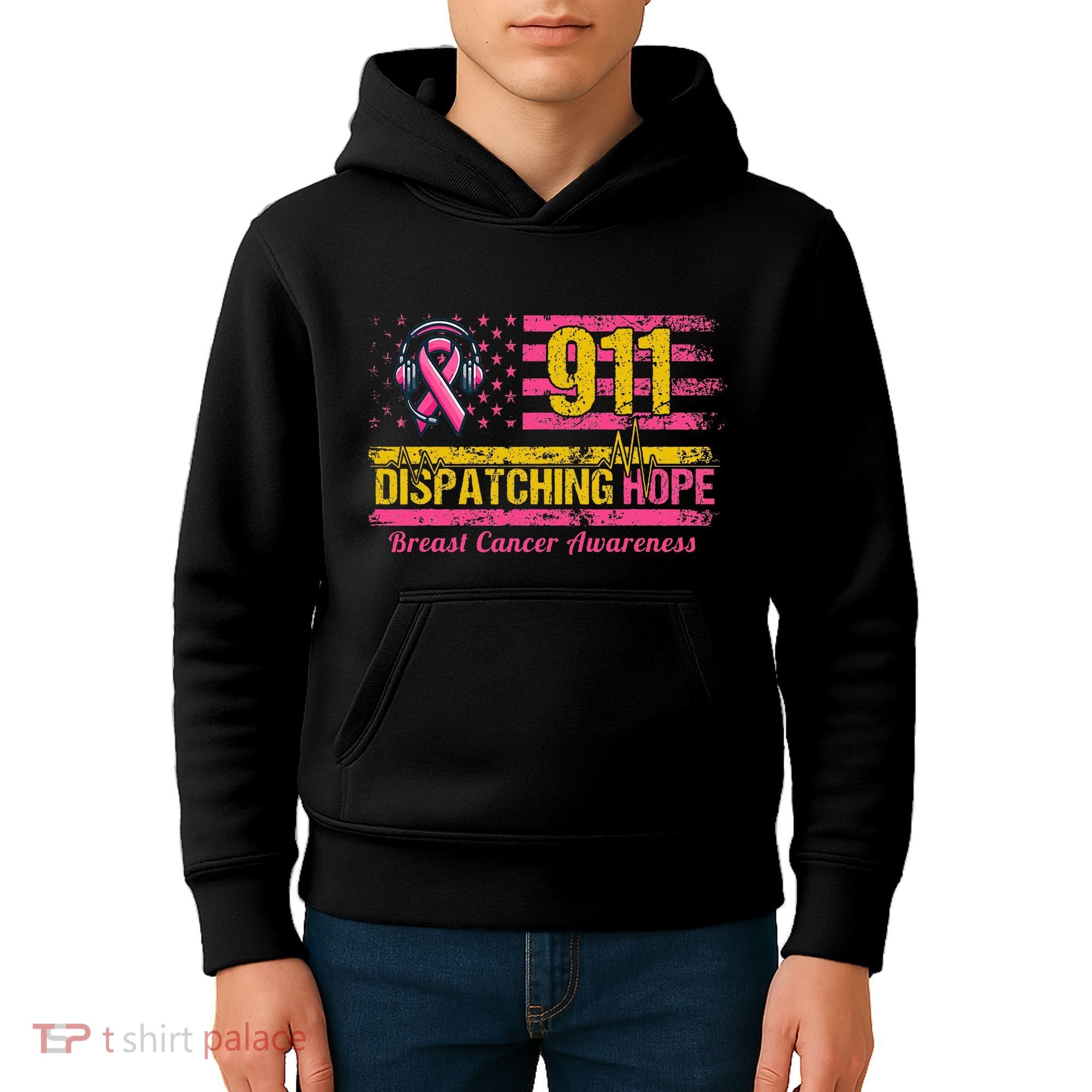 911 Dispatcher Breast Cancer Awareness American Flag Kids Hoodie