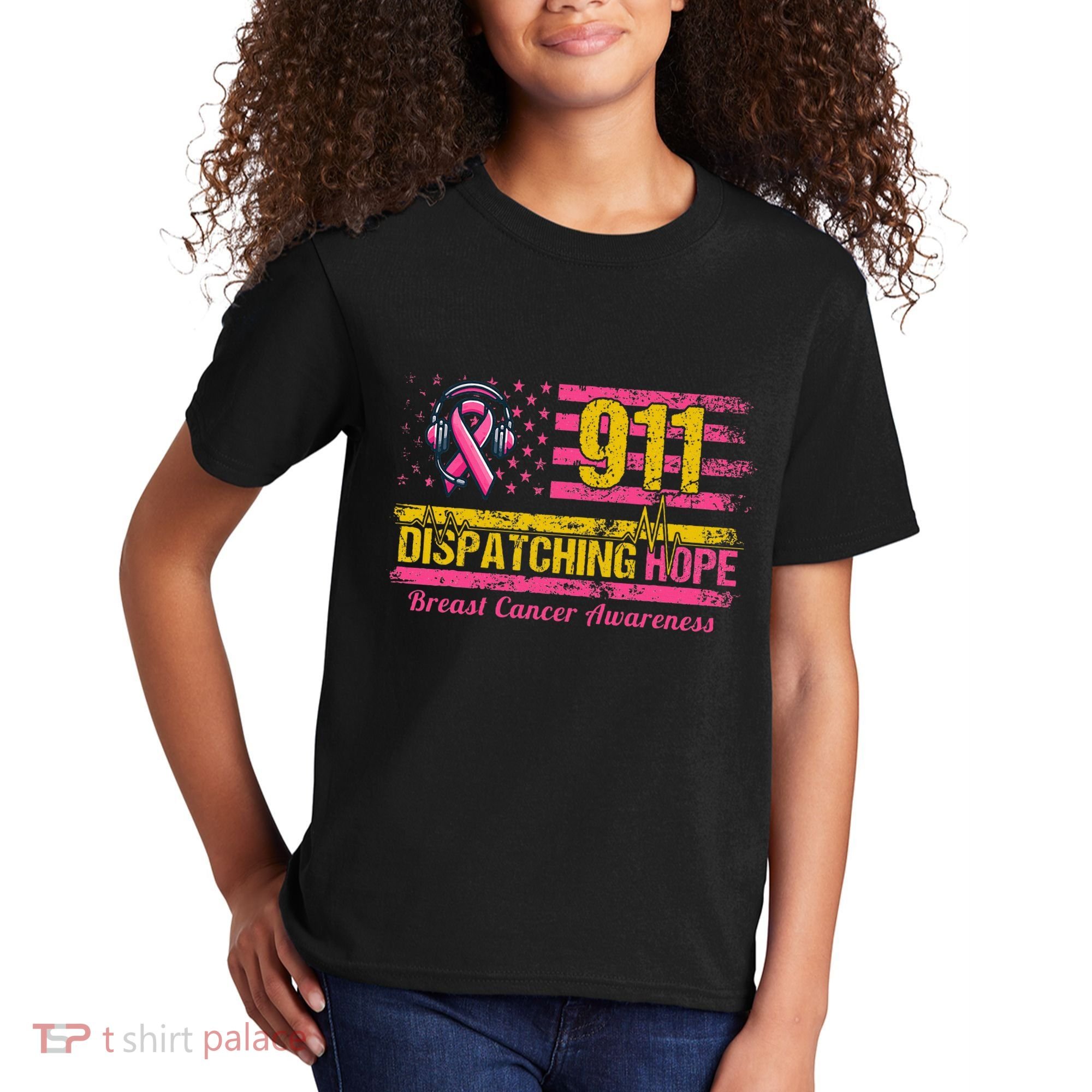 911 Dispatcher Breast Cancer Awareness American Flag Kids T-Shirt