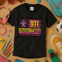 911 Dispatcher Breast Cancer Awareness American Flag Kids T-Shirt thumb 3
