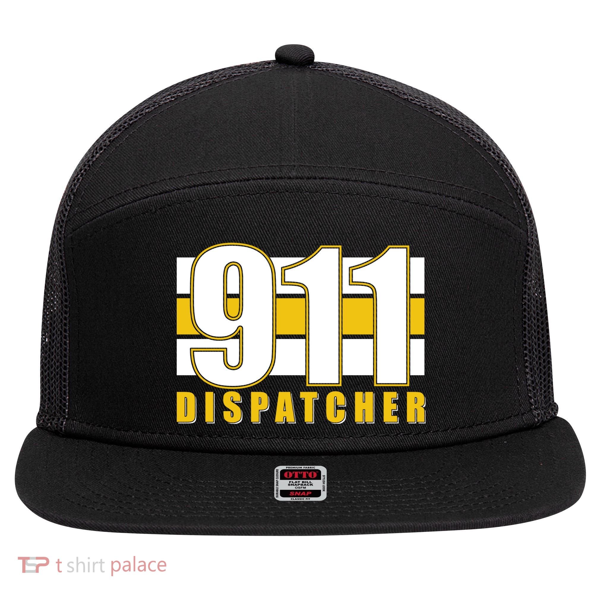 911 Dispatcher Thin Gold Line 7 Panel Mesh Trucker Snapback Hat