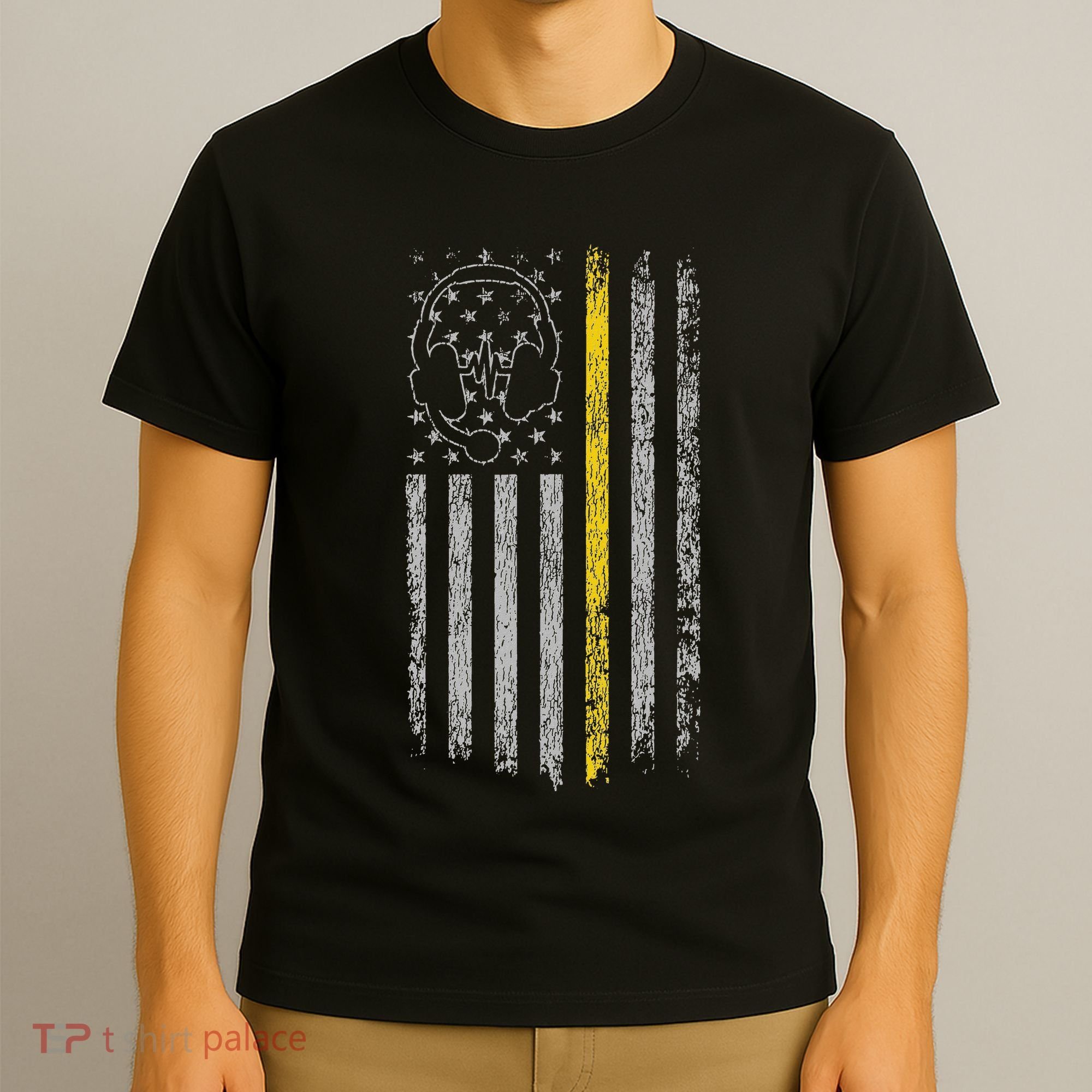 911 Dispatcher Thin Gold Yellow Line American Flag T-Shirt