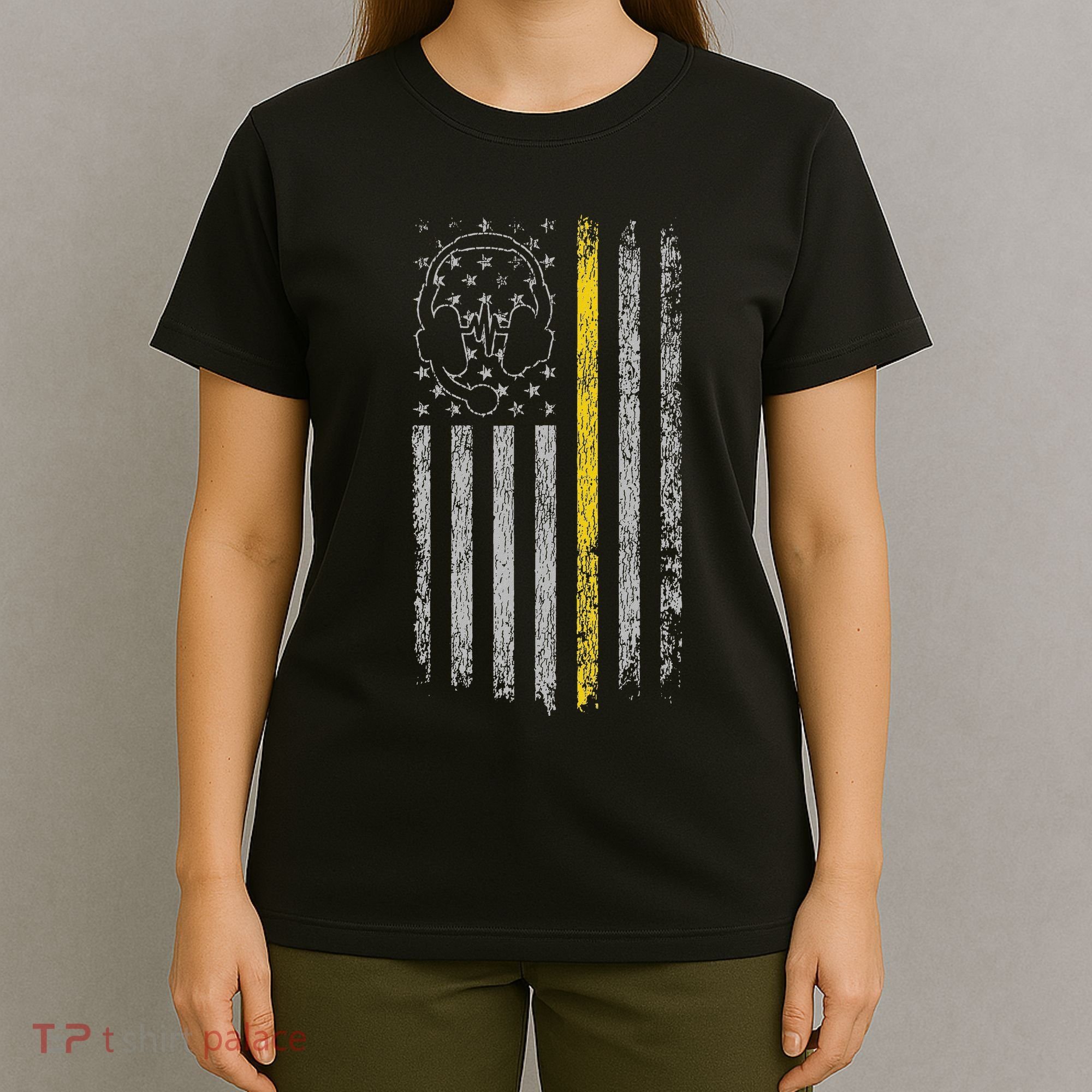 911 Dispatcher Thin Gold Yellow Line American Flag T-Shirt