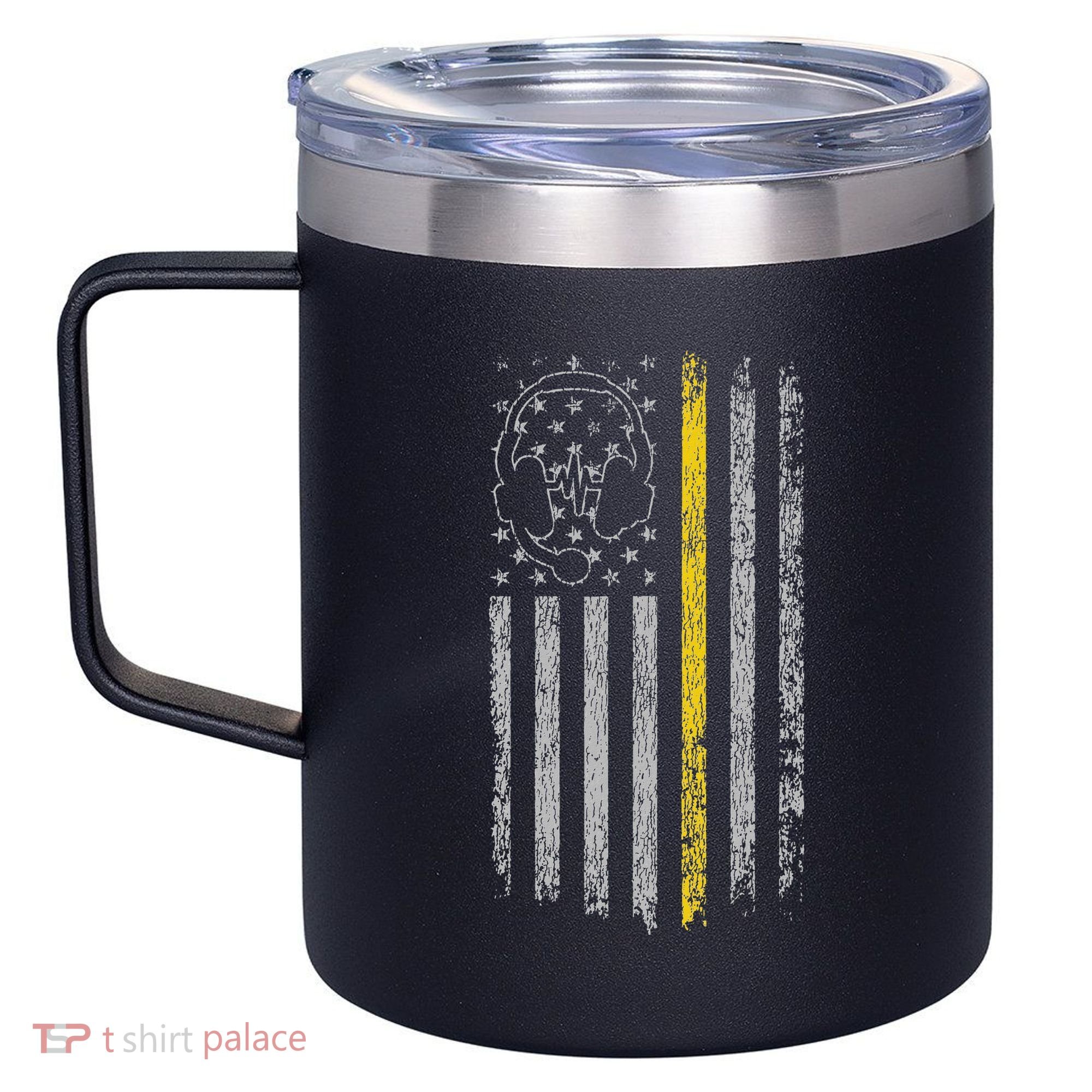 911 Dispatcher Thin Gold Yellow Line American Flag 12oz Stainless Steel Coffee Mug