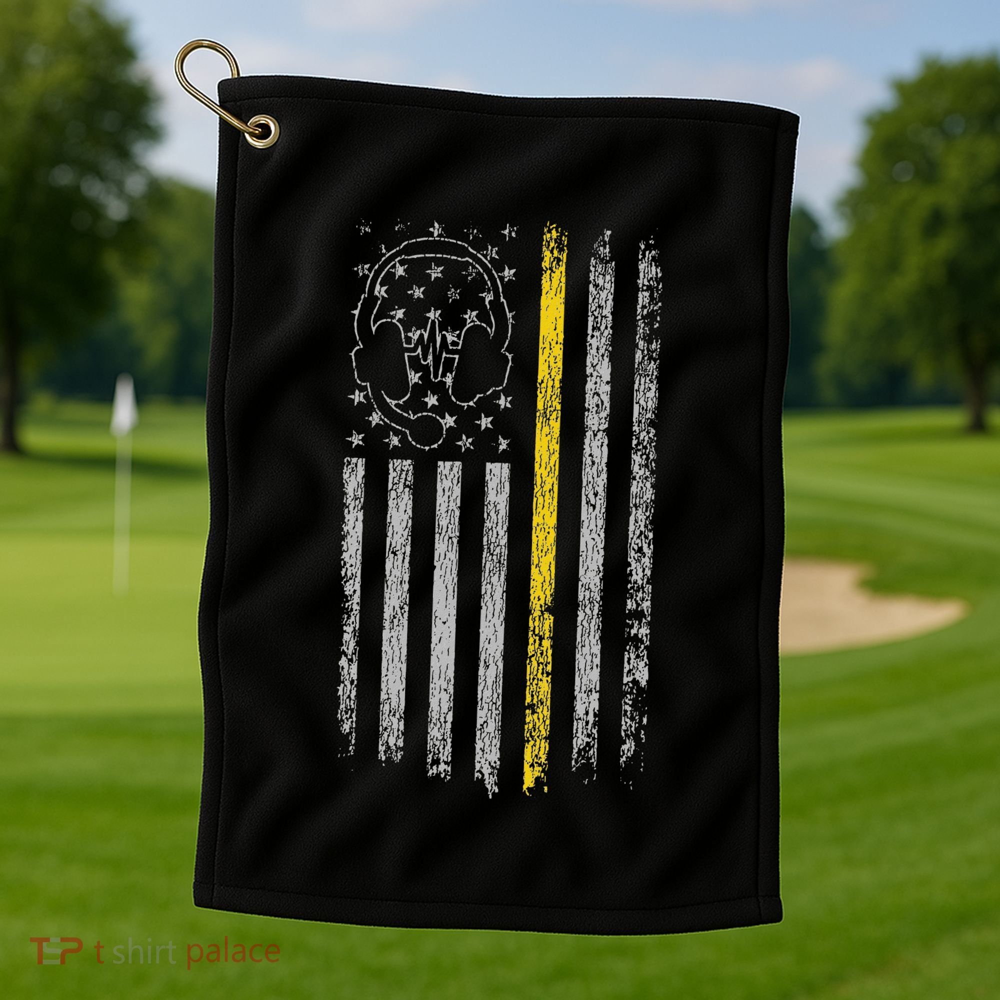 911 Dispatcher Thin Gold Yellow Line American Flag Golf Towel