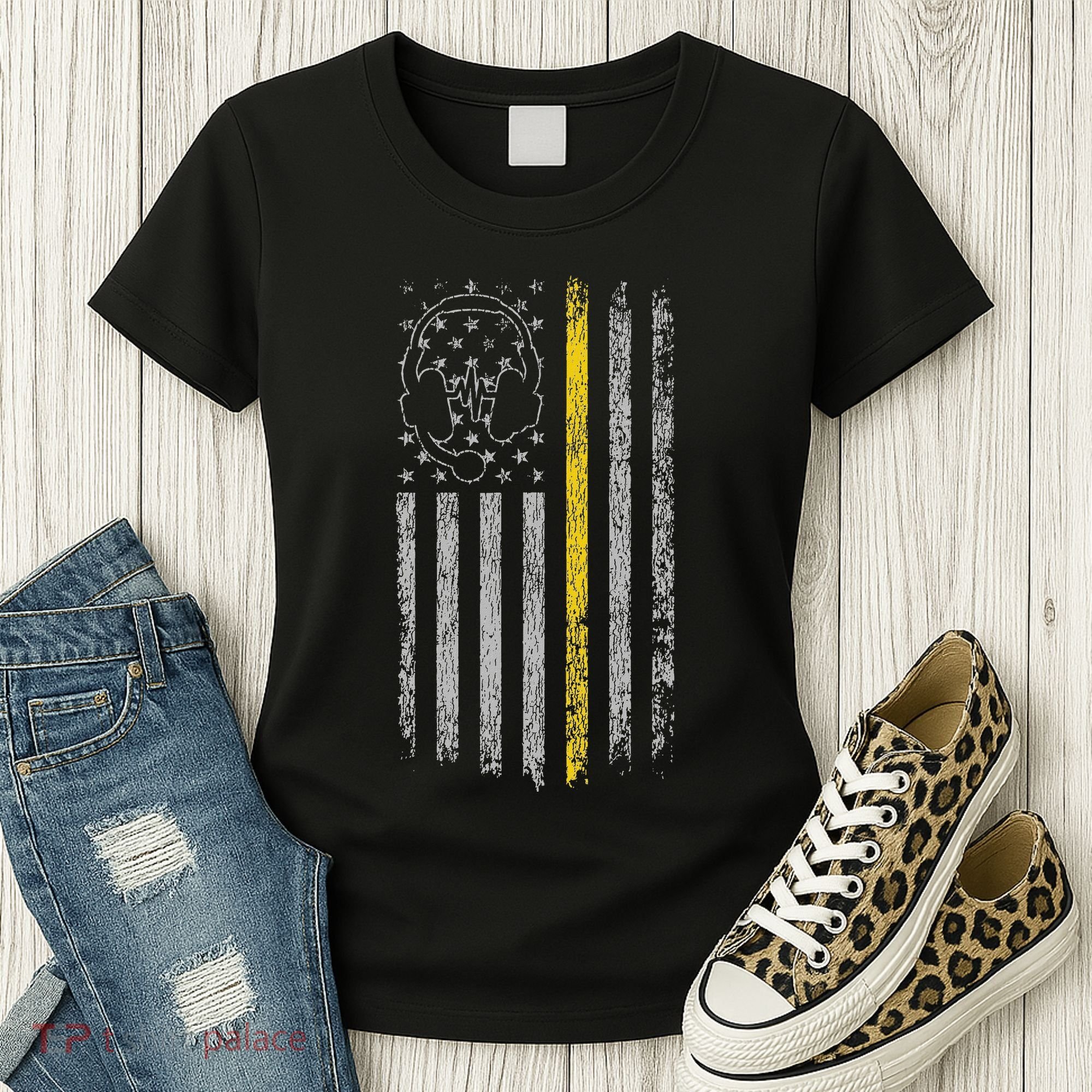 911 Dispatcher Thin Gold Yellow Line American Flag Women's T-Shirt